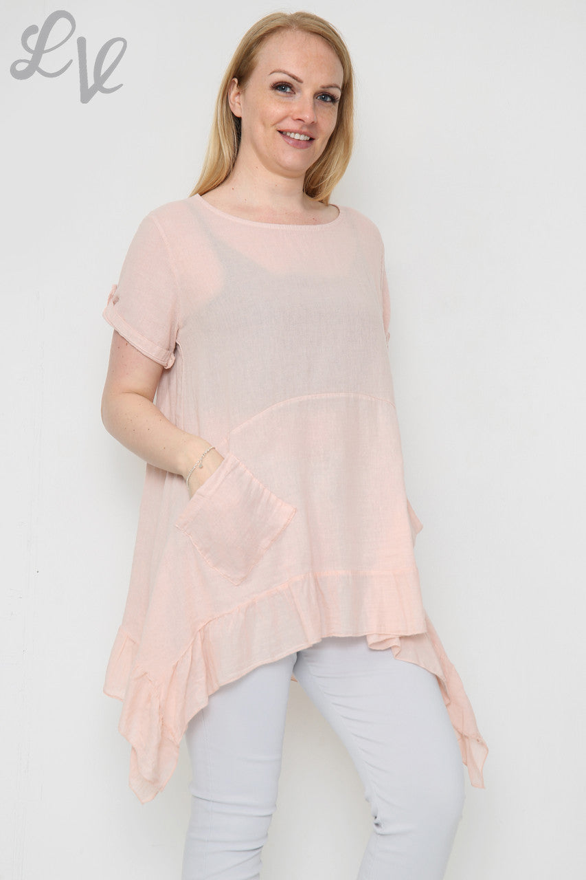 Dames zwierige tuniek met rucheszoom, stofroze, eenheidsprijs €9,99
