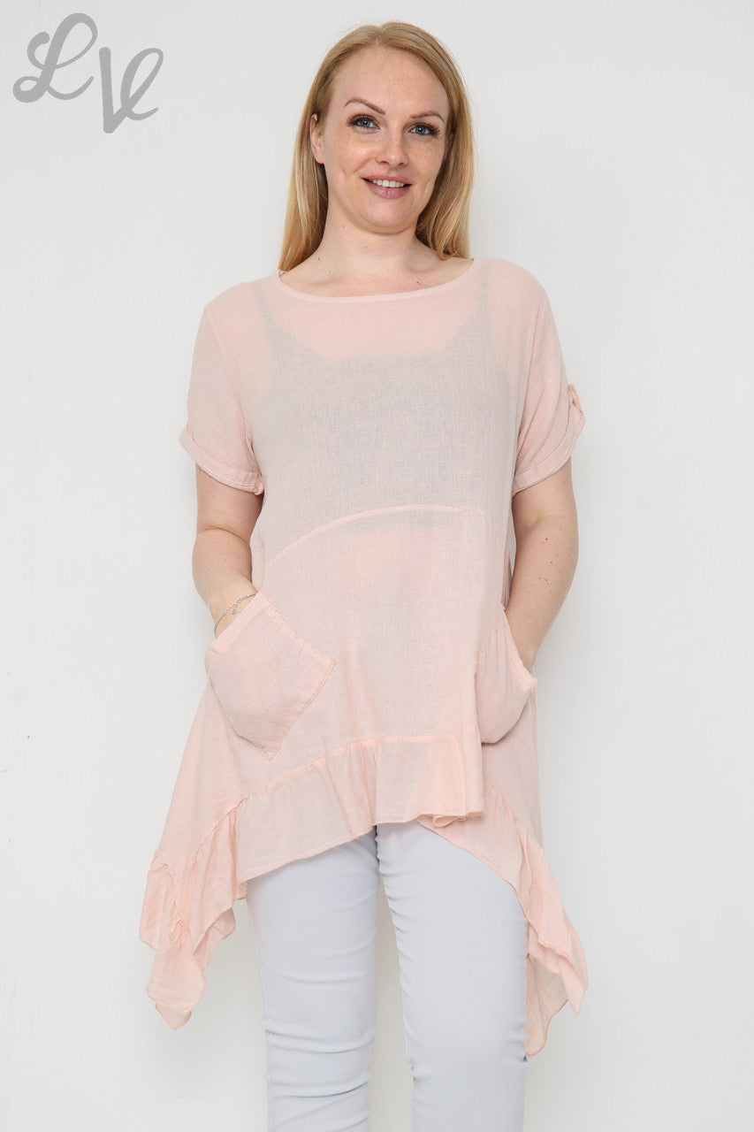 Dames zwierige tuniek met rucheszoom, stofroze, eenheidsprijs €9,99