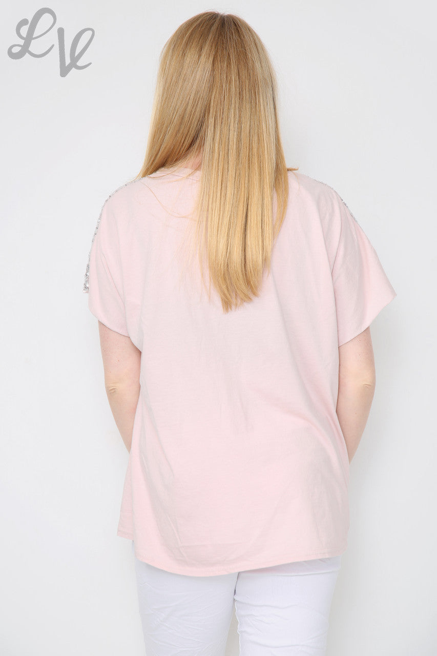 Ladies Sequin Love Heart & Shoulder Top Dusty Pink Unit Price £10.99