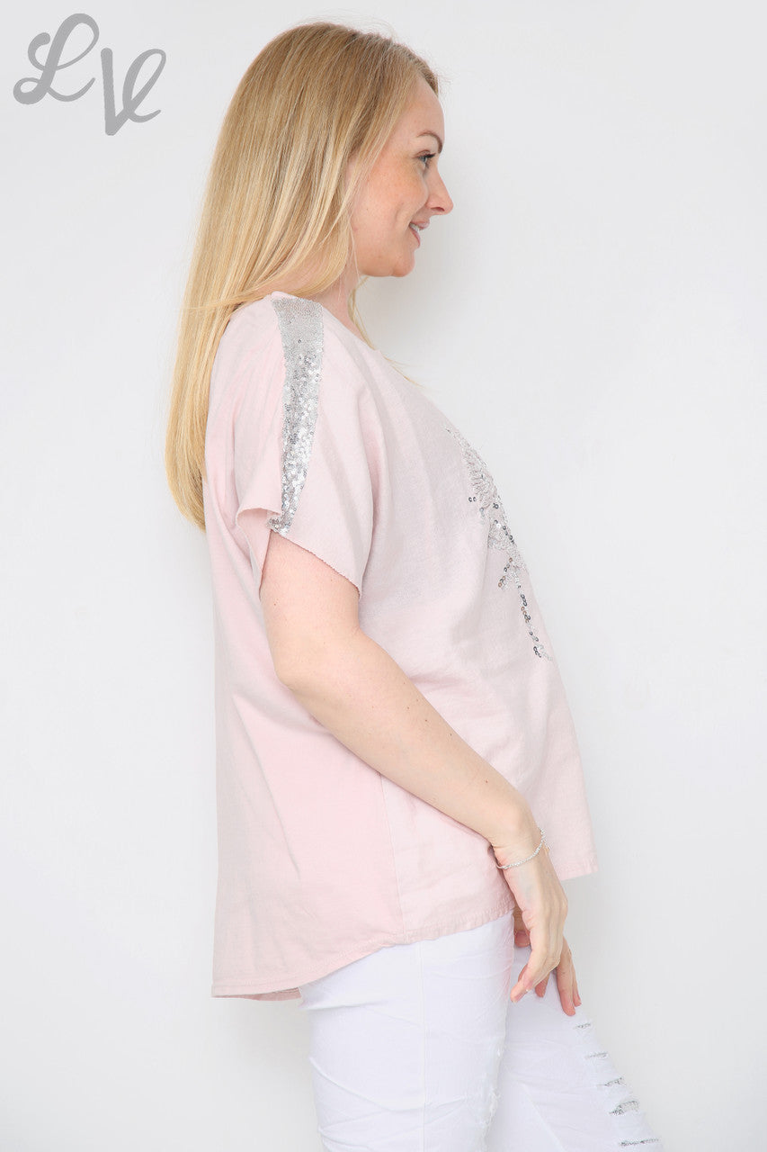Ladies Sequin Love Heart & Shoulder Top Dusty Pink Unit Price £10.99