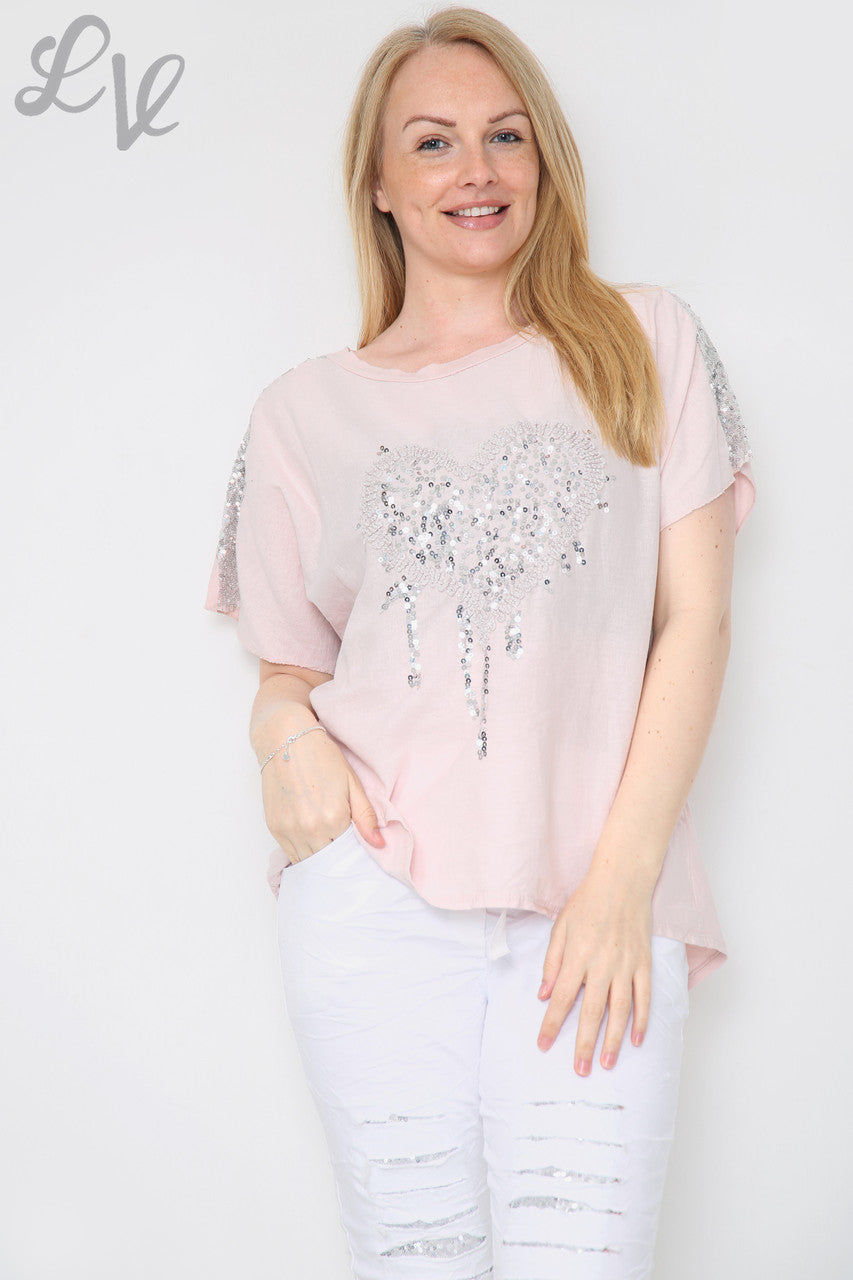 Ladies Sequin Love Heart & Shoulder Top Dusty Pink Unit Price £10.99