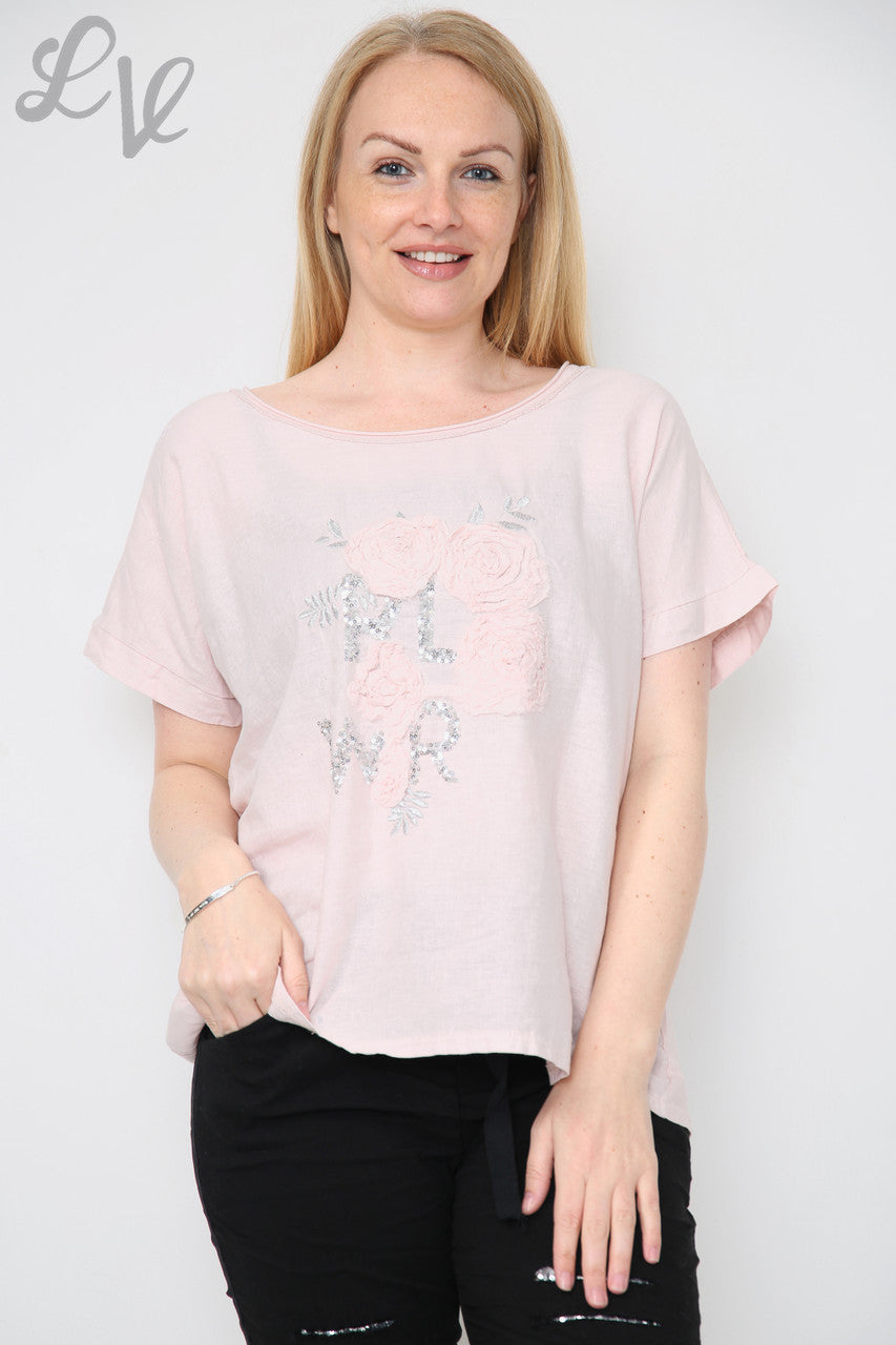 Ladies Flower Sequin & Applique Top Dusty Pink Unit Price £8.99
