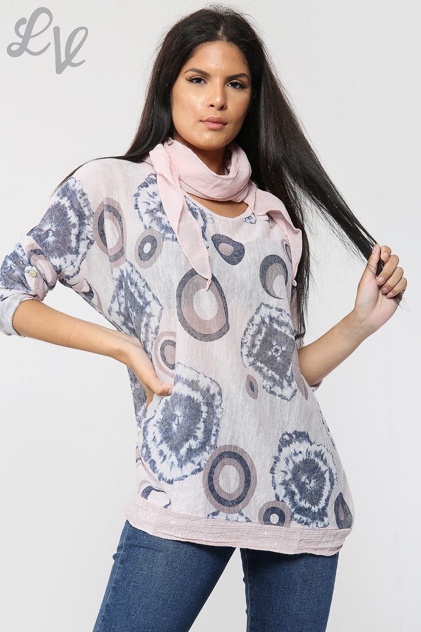 Dames Tie Dye & Cirkel Print Sjaal Top Stoffig Roze - Prijs per eenheid £6,99