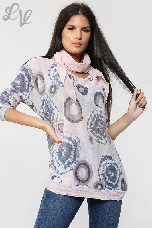 Ladies Tie Dye & Circle Print Scarf Top Dusty Pink - Unit Price £6.99