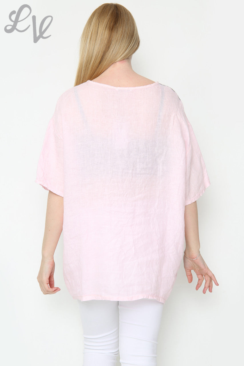 Dames Linnen Top met Bloemen- en Streepmotief Dusty Pink Stukprijs €13,99