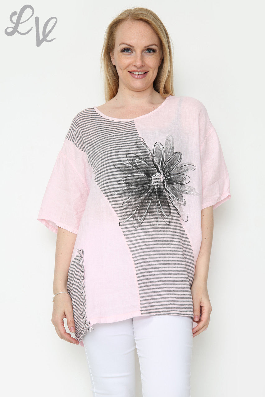Dames Linnen Top met Bloemen- en Streepmotief Dusty Pink Stukprijs €13,99