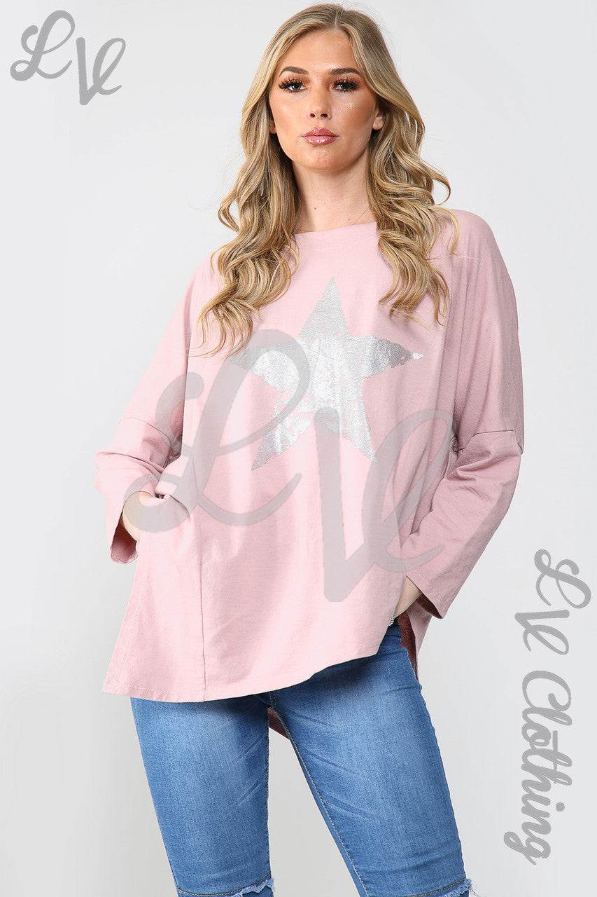 Dames Zilverfolie Ster Oversized Tuniek Top Oudroze - Prijs per stuk £11.99