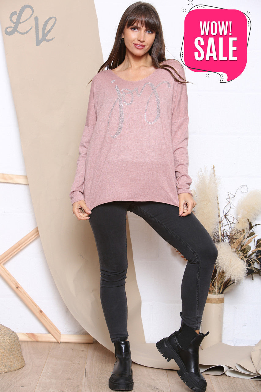 Ladies Sequin Joy Script Fine Knit Jumper Top Dusty Pink