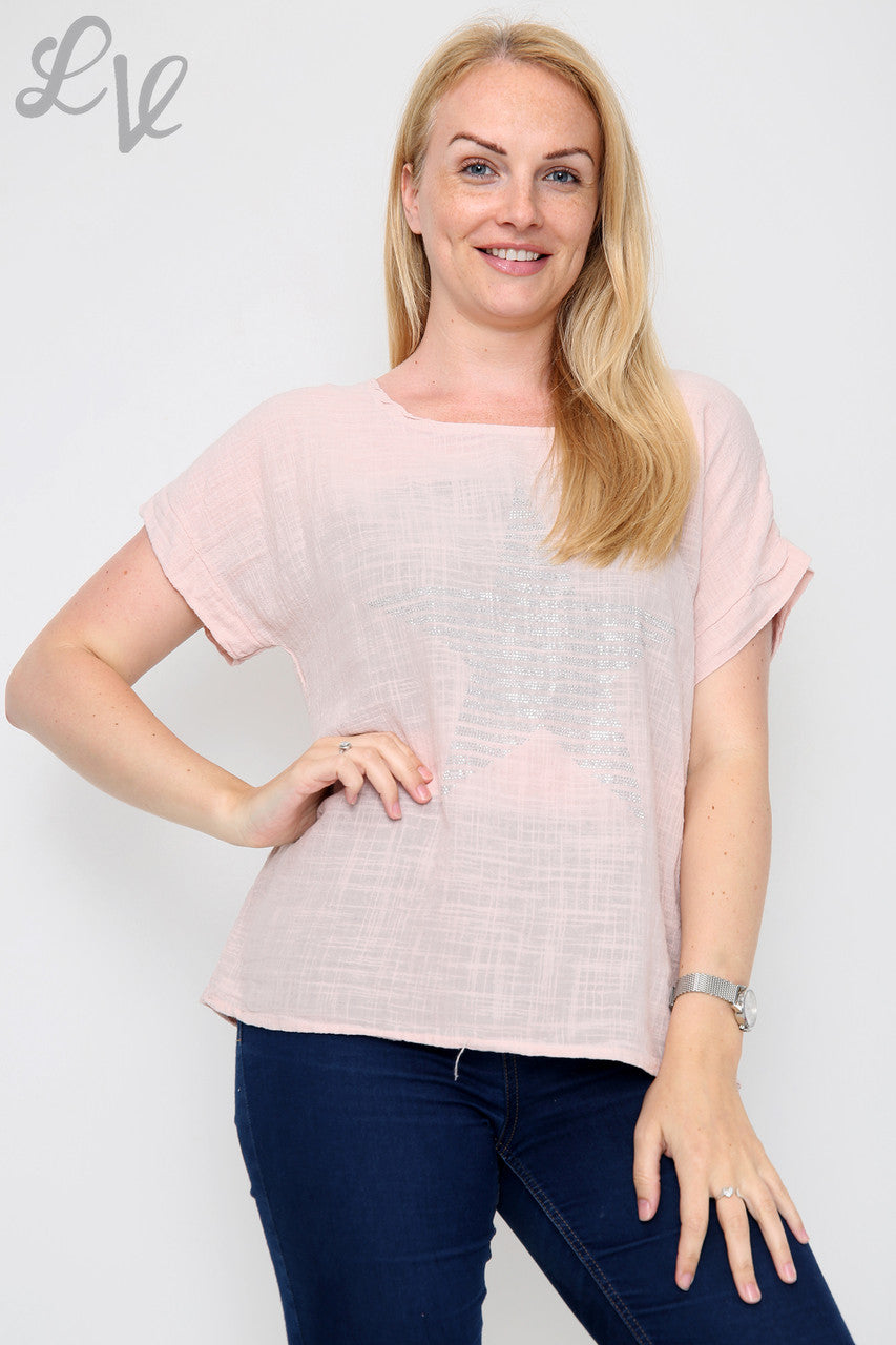 Dames Pailletten Stervormige Top Dusty Roze - Stukprijs £7.99