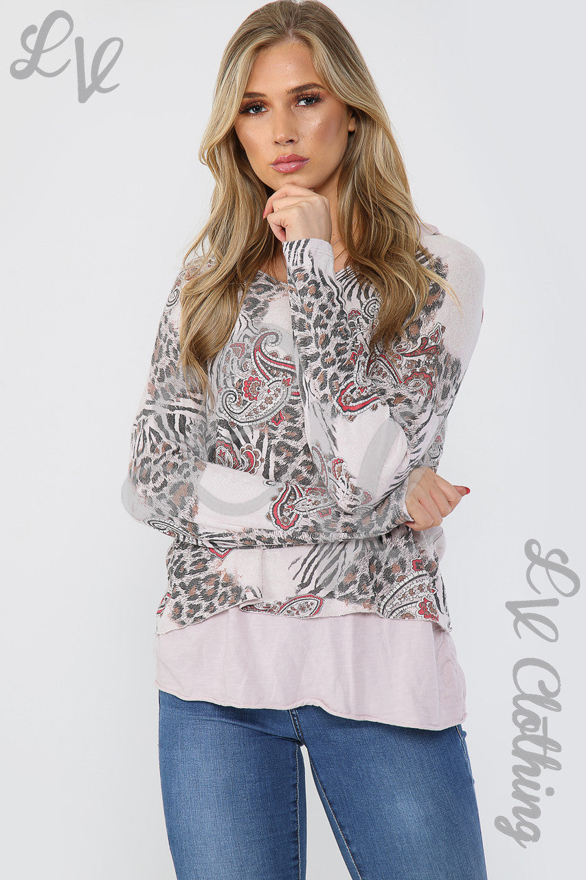 Dames Top Met Mixprint 2-Laags Dusty Pink - Eenheidsprijs € 12,99