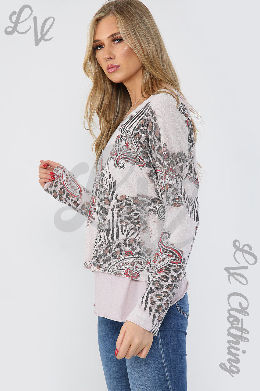 Dames Top Met Mixprint 2-Laags Dusty Pink - Eenheidsprijs € 12,99