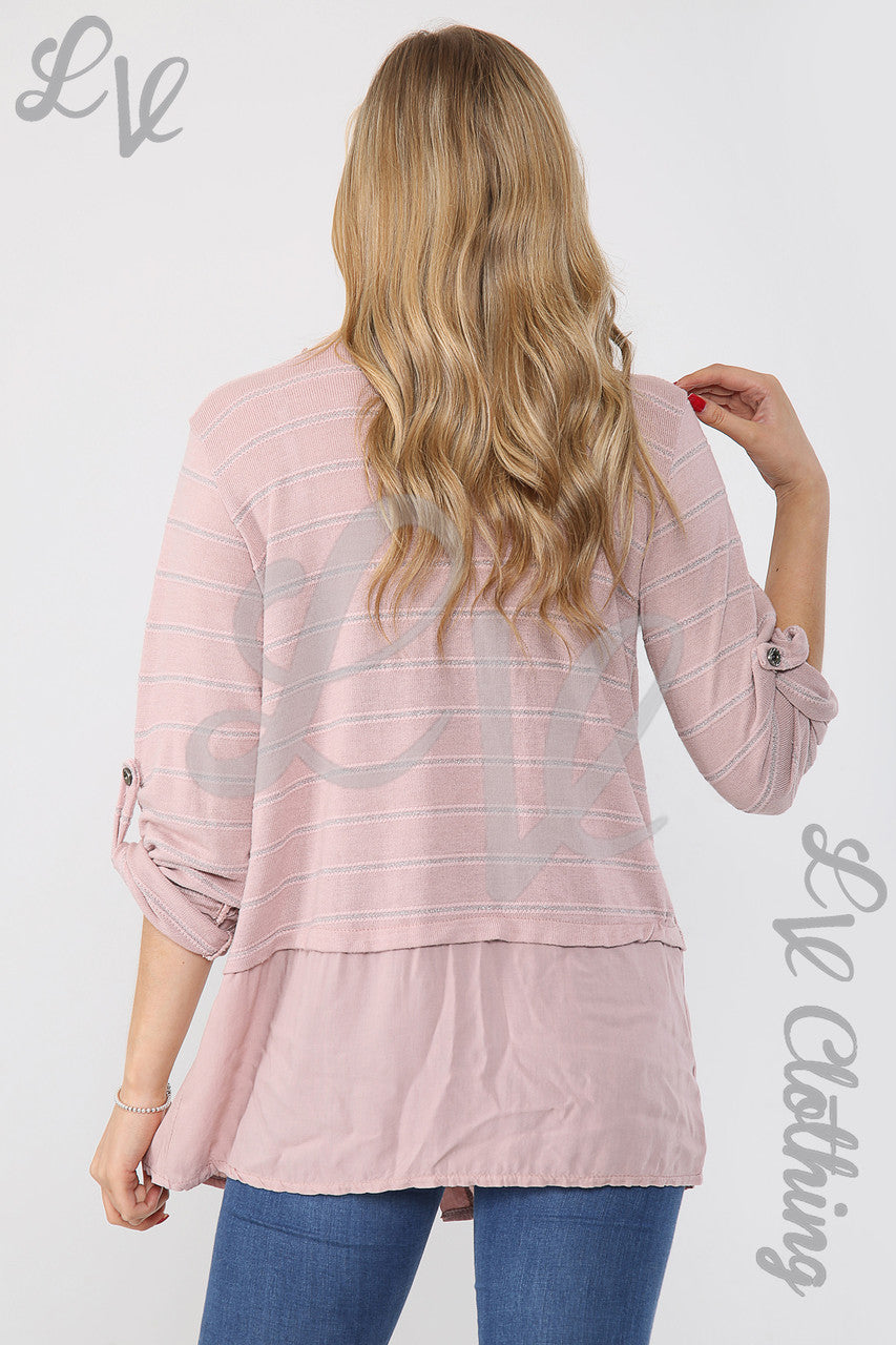 Dames Lurex Streepjes Top Met Knoopdetail Oudroze - Stukprijs €12,99