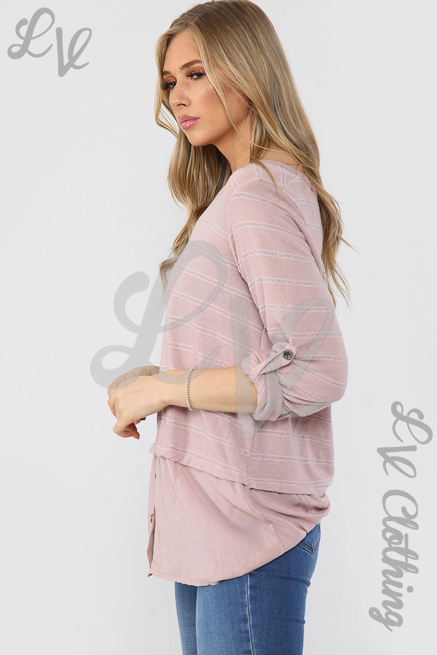 Dames Lurex Streepjes Top Met Knoopdetail Oudroze - Stukprijs €12,99