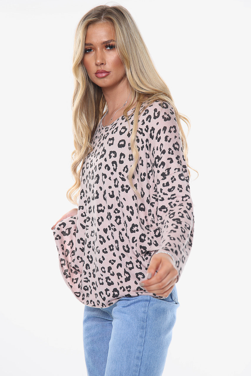 Ladies Leopard Ditsy Print Fine Knit Top Dusty Pink Unit Price WAS 10.99 NOW £5.99