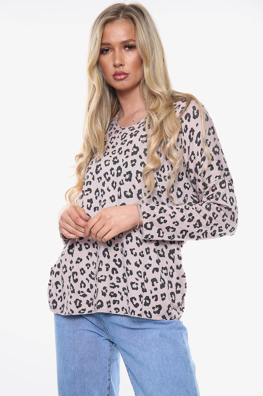 Ladies Leopard Ditsy Print Fine Knit Top Dusty Pink Unit Price WAS 10.99 NOW £5.99