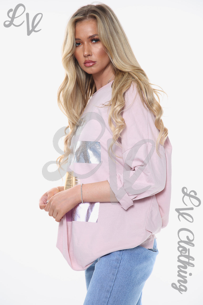 Dames sweatshirt met folieprint kleurrijke blokken Dusty Pink Stukprijs € 11,99