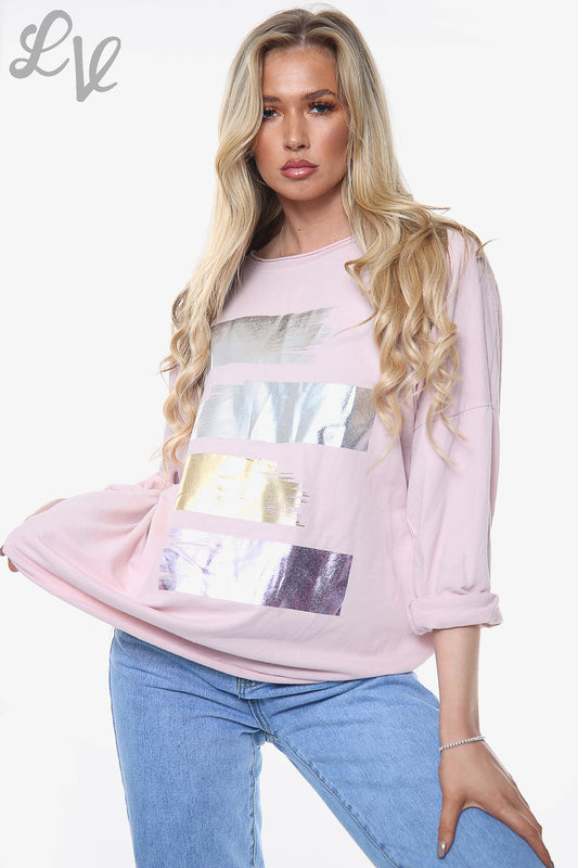Ladies Foil Colourful Blocks Sweatshirt Top Dusty Pink Unit Price £11.99