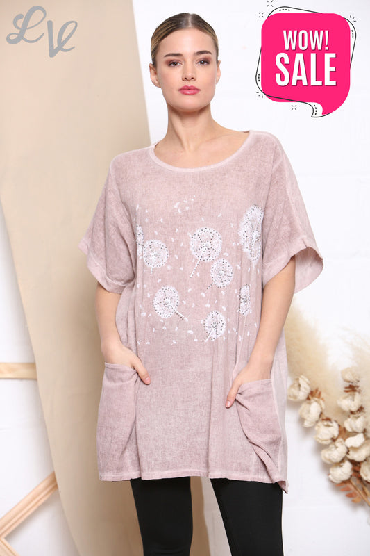 Dames Top met Paardenbloemprint en Zak aan de Voorkant Oudroze -