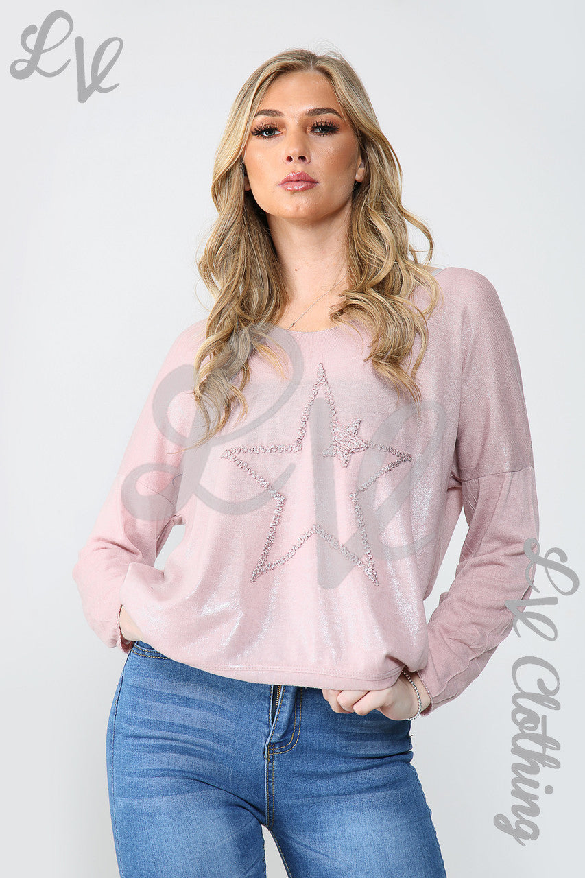Dames Shimmer Ster Geborduurd Topje Dusty Roze - Prijs per stuk €11,99