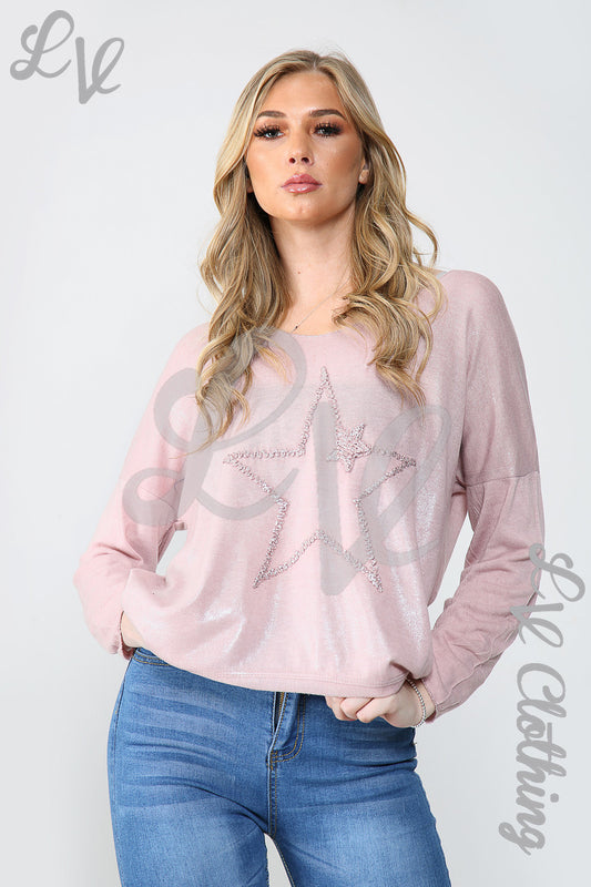 Dusty pink shimmer star embroidered long-sleeve top with crew neck