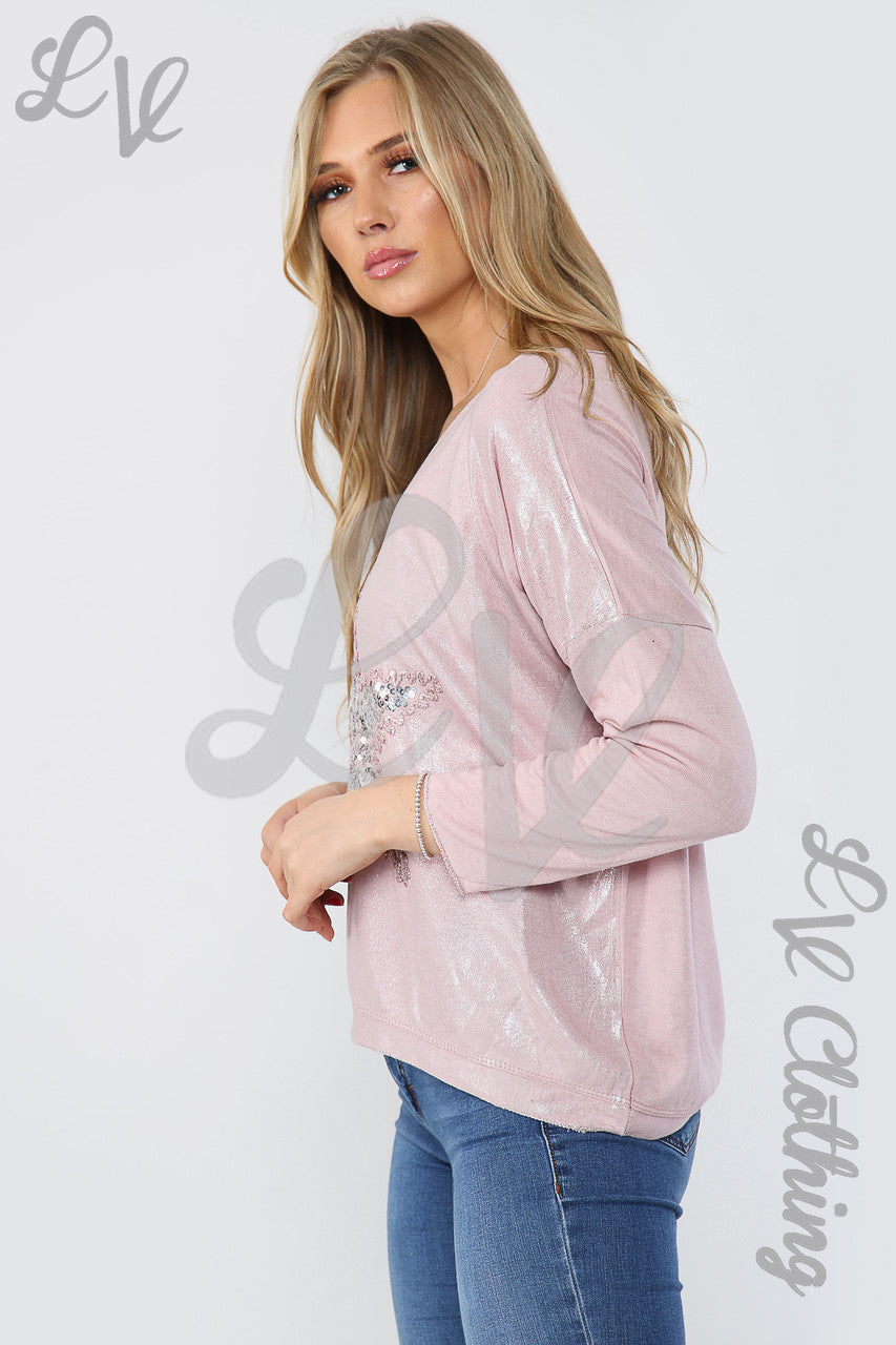Dames Top met Glitter Zilveren Sterren Borduursel Oudroze - Prijs per stuk €11,99