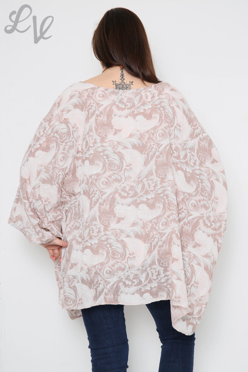 Dames Barokprint Vleermuismouw Top Dusty Roze Stukprijs €12,99