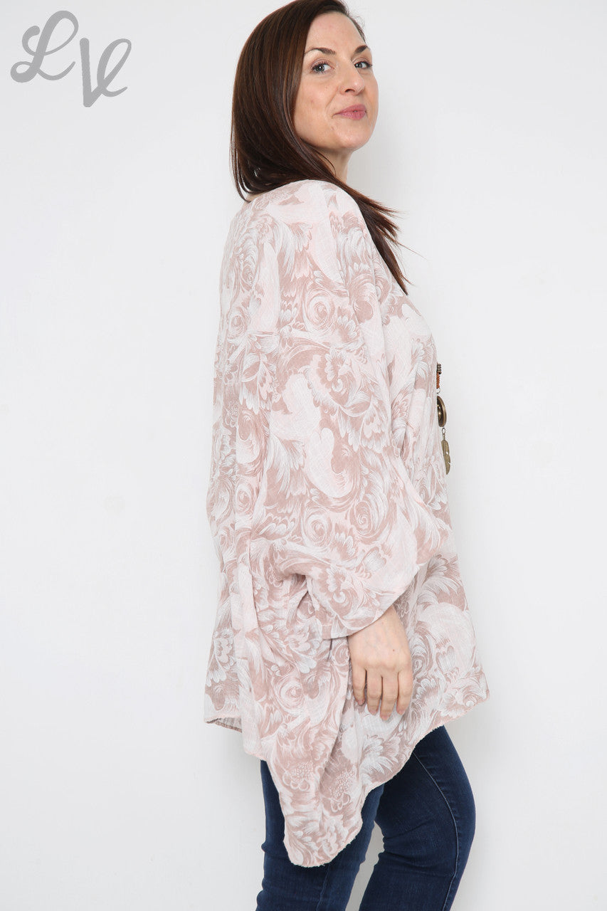 Dames Barokprint Vleermuismouw Top Dusty Roze Stukprijs €12,99