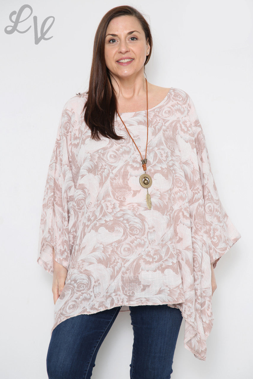 Dames Barokprint Vleermuismouw Top Dusty Roze Stukprijs €12,99
