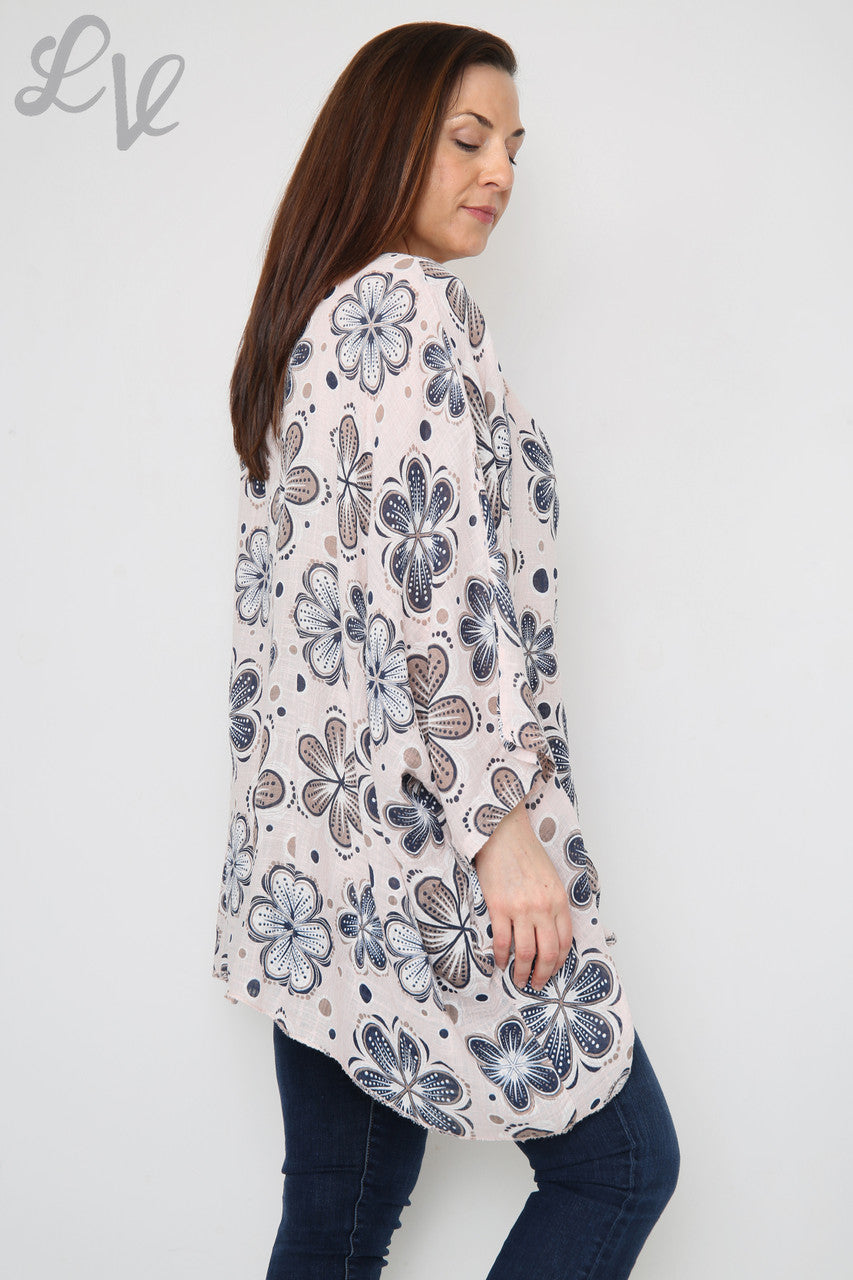 Ladies Flowers Print Batwing Top Dusty Pink