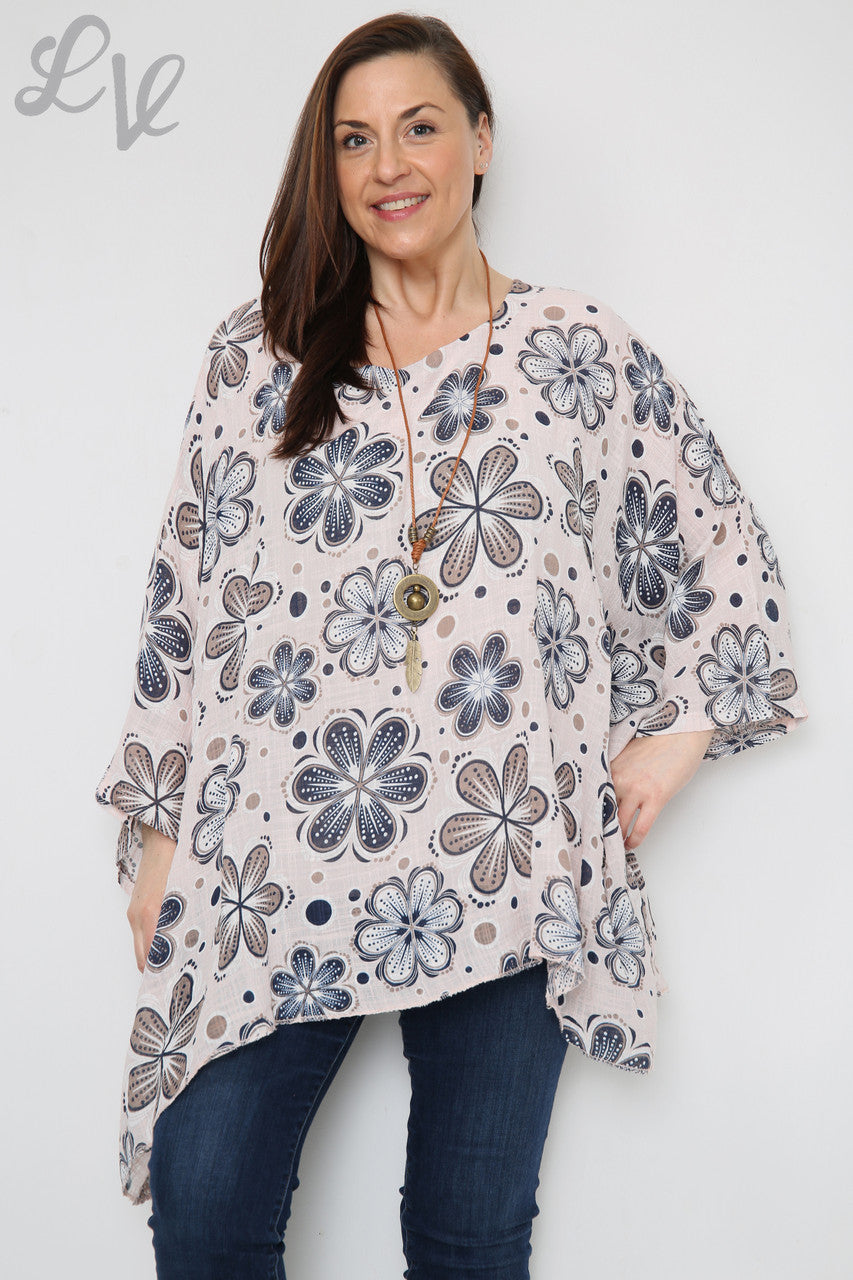 Ladies Flowers Print Batwing Top Dusty Pink