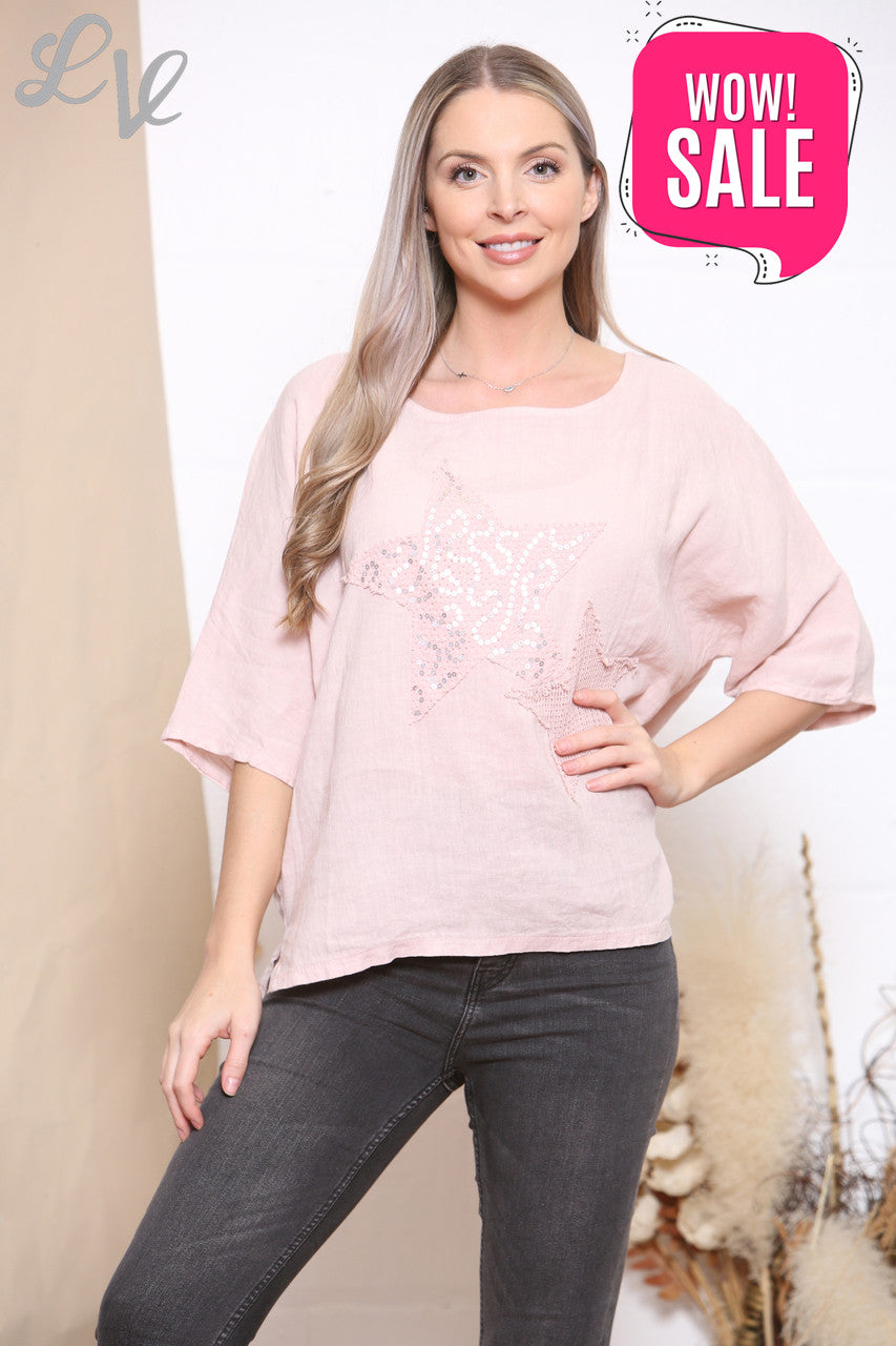 Dames Mesh Pailletten Sterren Top Stoffig Roze