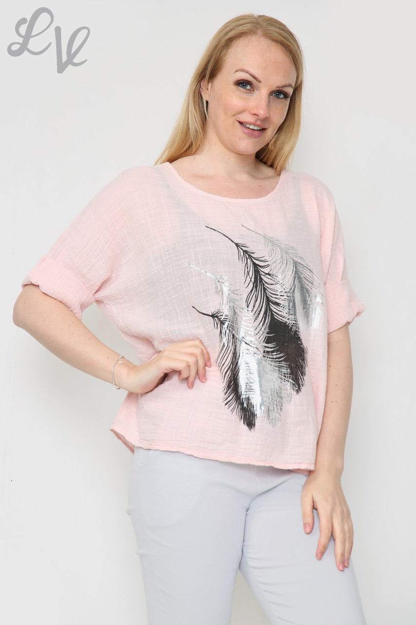 Ladies Foil Leaf Design Top Dusty Pink