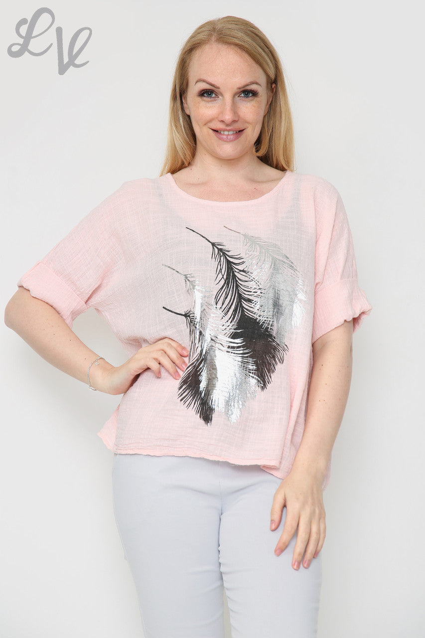 Ladies Foil Leaf Design Top Dusty Pink