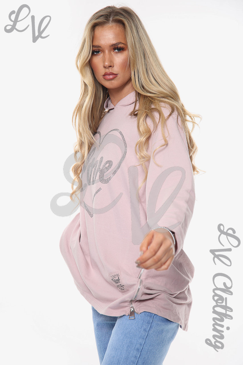 Dames Diamante Liefdeshart Hoodie Stoffig Roze Stukprijs WAS €14,99 NU €7,49