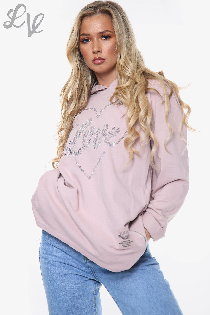 Dames Diamante Liefdeshart Hoodie Stoffig Roze Stukprijs WAS €14,99 NU €7,49