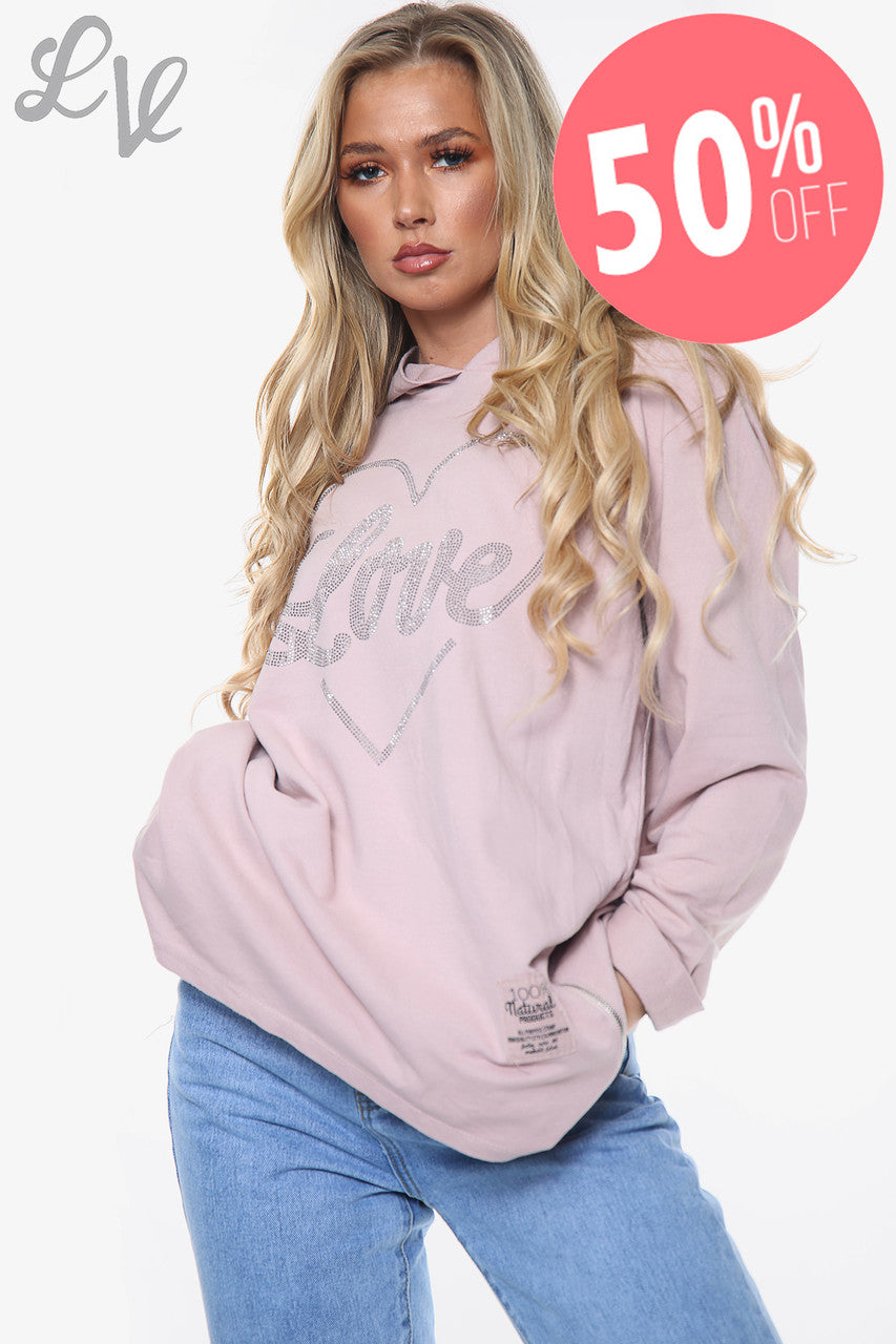 Dames Diamante Liefdeshart Hoodie Stoffig Roze Stukprijs WAS €14,99 NU €7,49