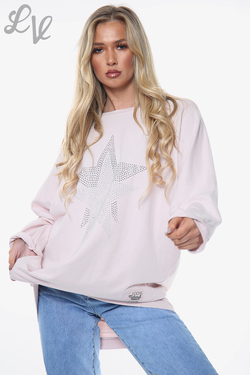 Dames Diamanten Sterren Sweatshirt Top Stoffig Roze Stukprijs WAS €13,99 NU €6,99