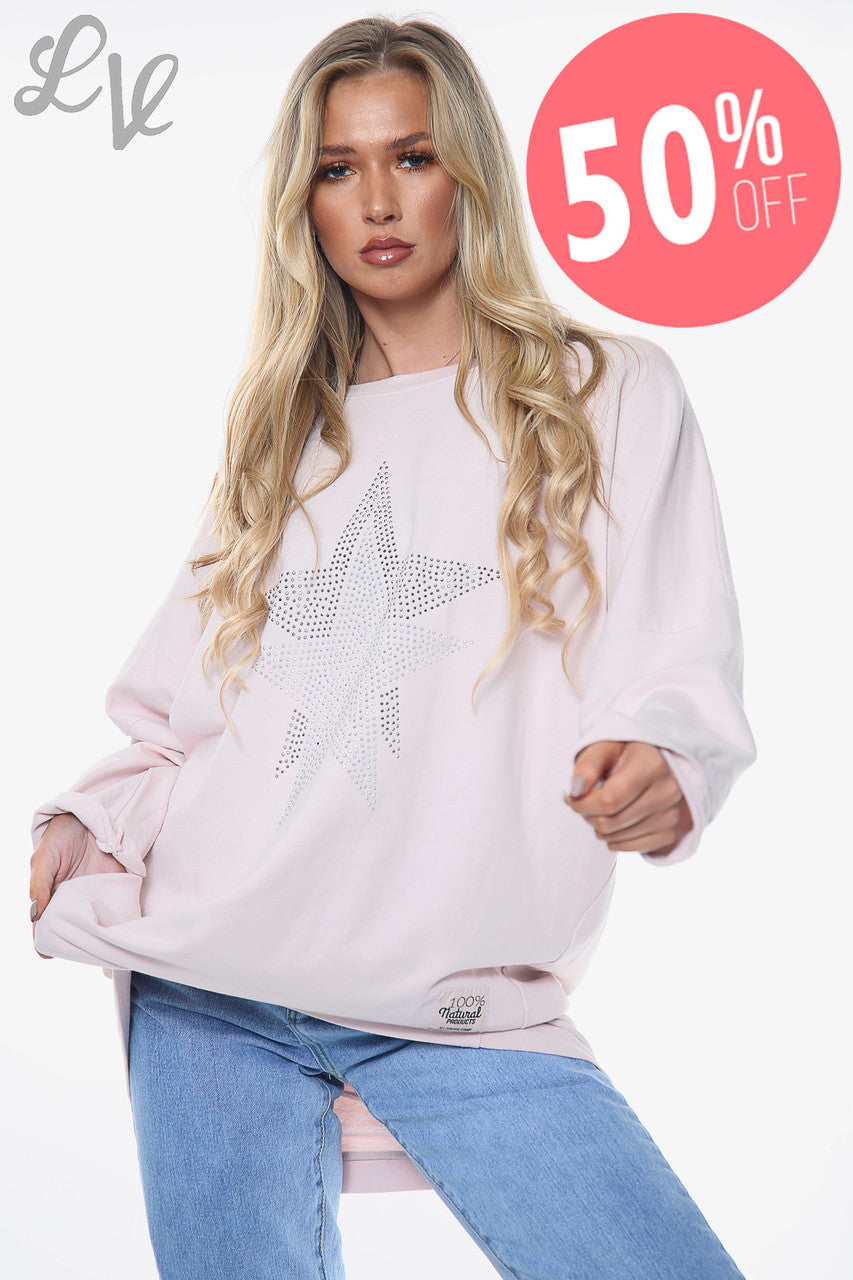 Dames Diamanten Sterren Sweatshirt Top Stoffig Roze Stukprijs WAS €13,99 NU €6,99