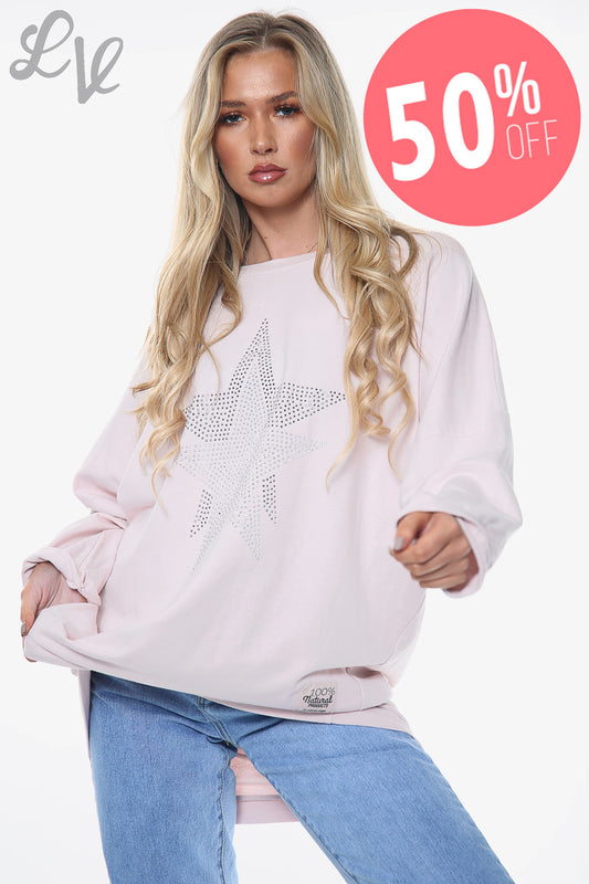 Ladies Dimante Stars Sweatshirt Top Dusty Pink Unit Price WAS £13.99 NOW £6.99