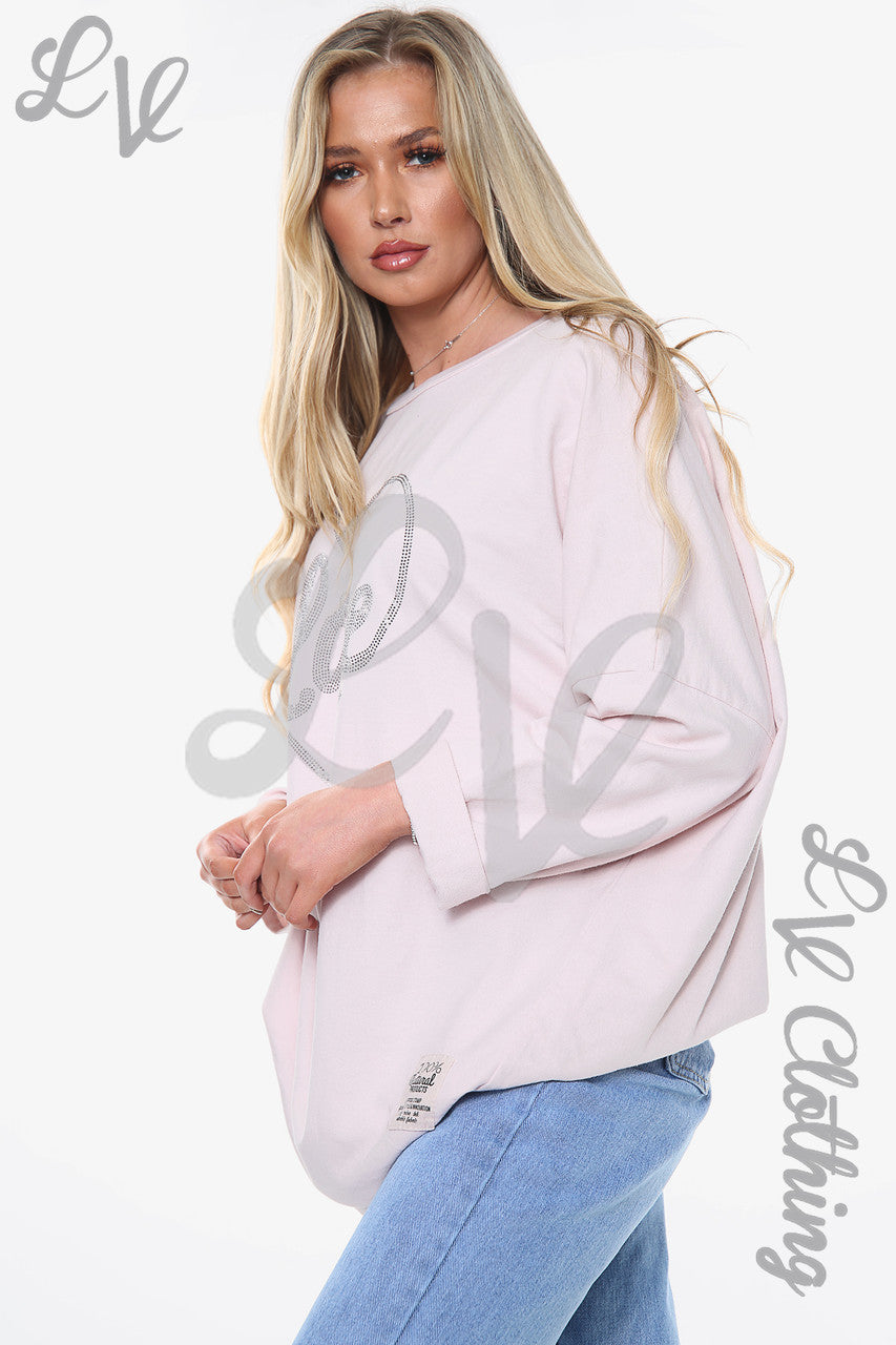 Dames Diamante Love Heart Sweatshirt Top Stoffig Roze Stukprijs WAS £13,99 NU £6,99