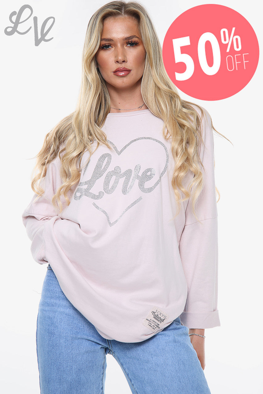 Dames Diamante Love Heart Sweatshirt Top Stoffig Roze Stukprijs WAS £13,99 NU £6,99