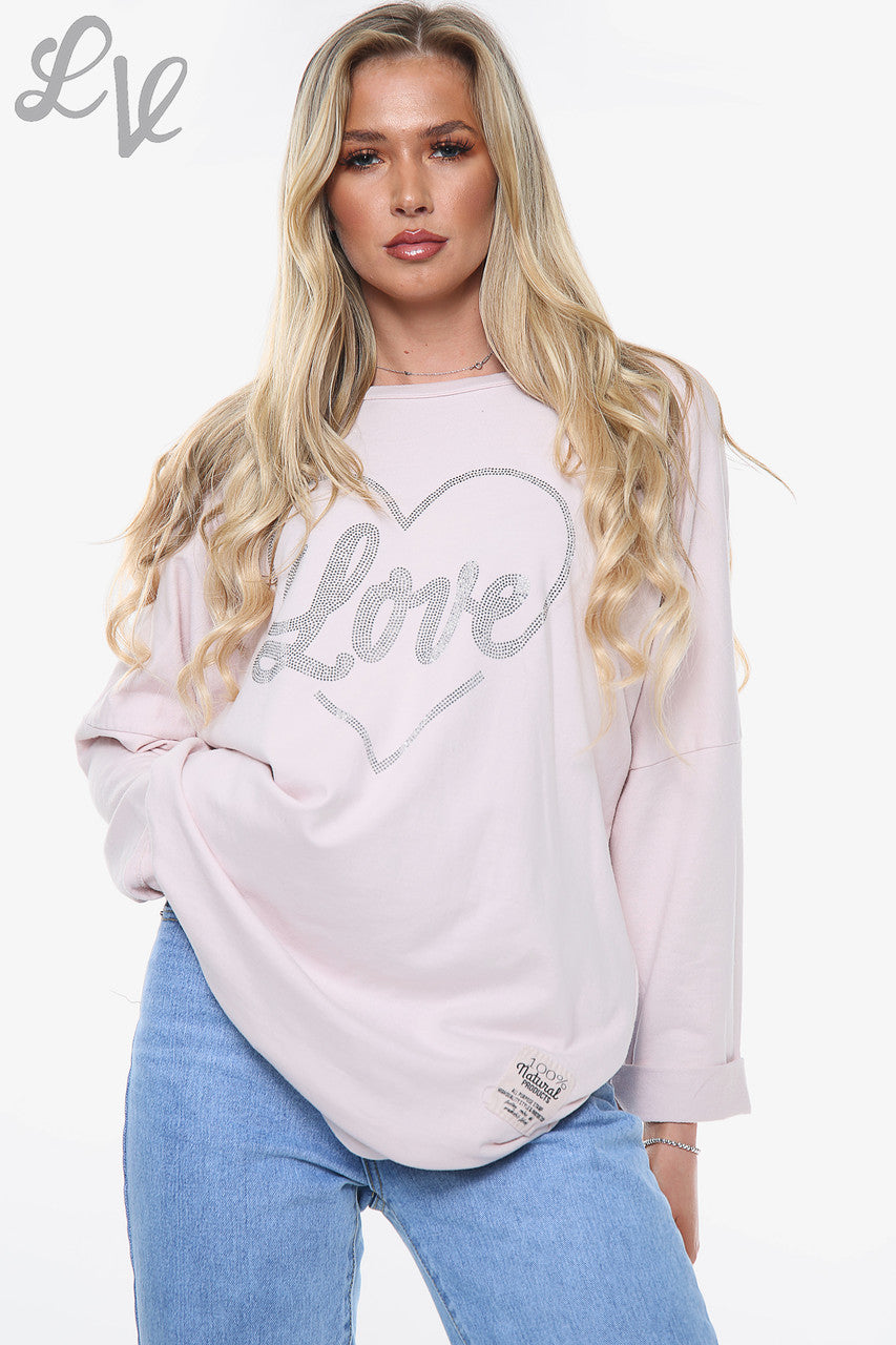 Dames Diamante Love Heart Sweatshirt Top Stoffig Roze Stukprijs WAS £13,99 NU £6,99