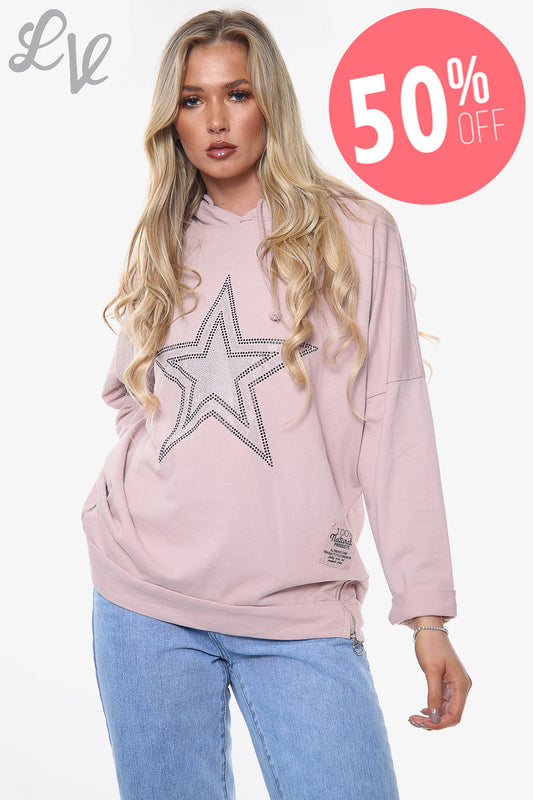 Ladies Diamante Star Hooded Top Dusty Pink Unit Price WAS £13.99 NOW £6.99