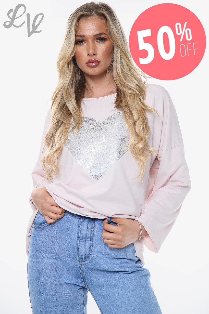 Ladies Sequin Shimmer Heart Top Dusty Pink Unit Price WAS £11.99 NOW £5.99