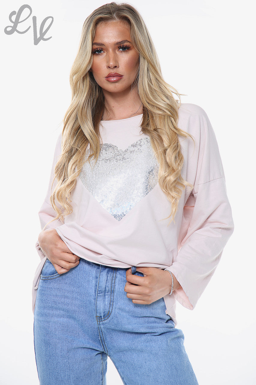 Ladies Sequin Shimmer Heart Top Dusty Pink Unit Price WAS £11.99 NOW £5.99