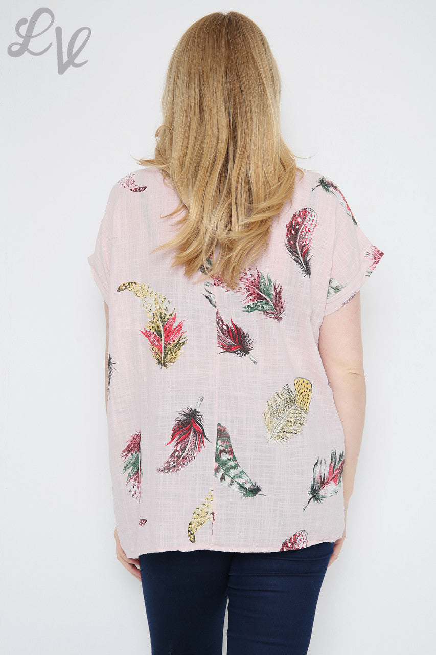Dames Top met Kleurrijke Verenprint Dusty Pink Stukprijs €9,99