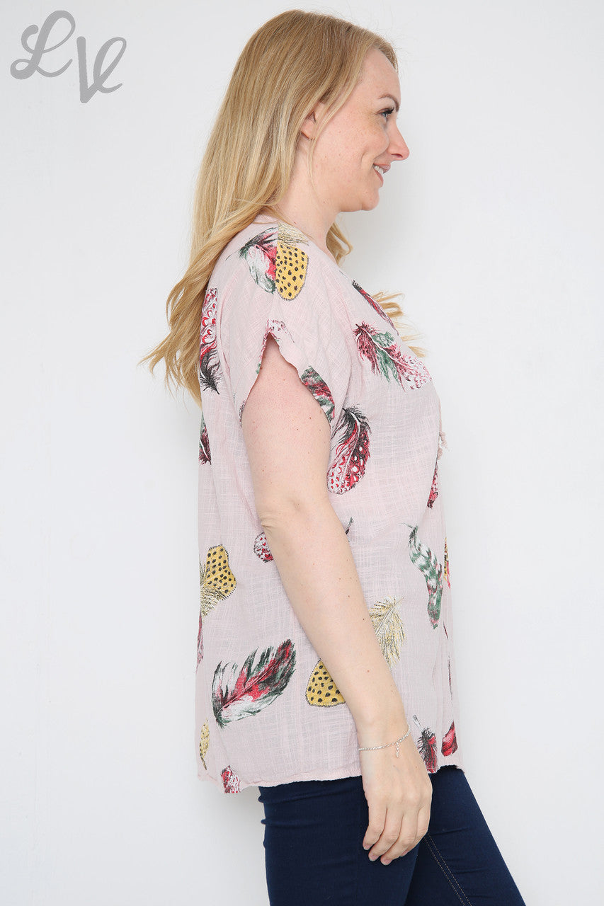 Dames Top met Kleurrijke Verenprint Dusty Pink Stukprijs €9,99