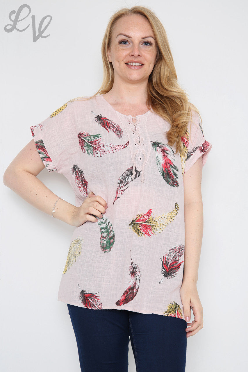 Dames Top met Kleurrijke Verenprint Dusty Pink Stukprijs €9,99