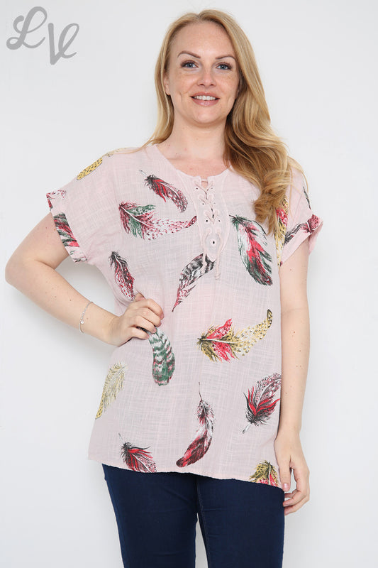 Ladies Colourful Feather Printed Top Dusty Pink Unit Price £9.99