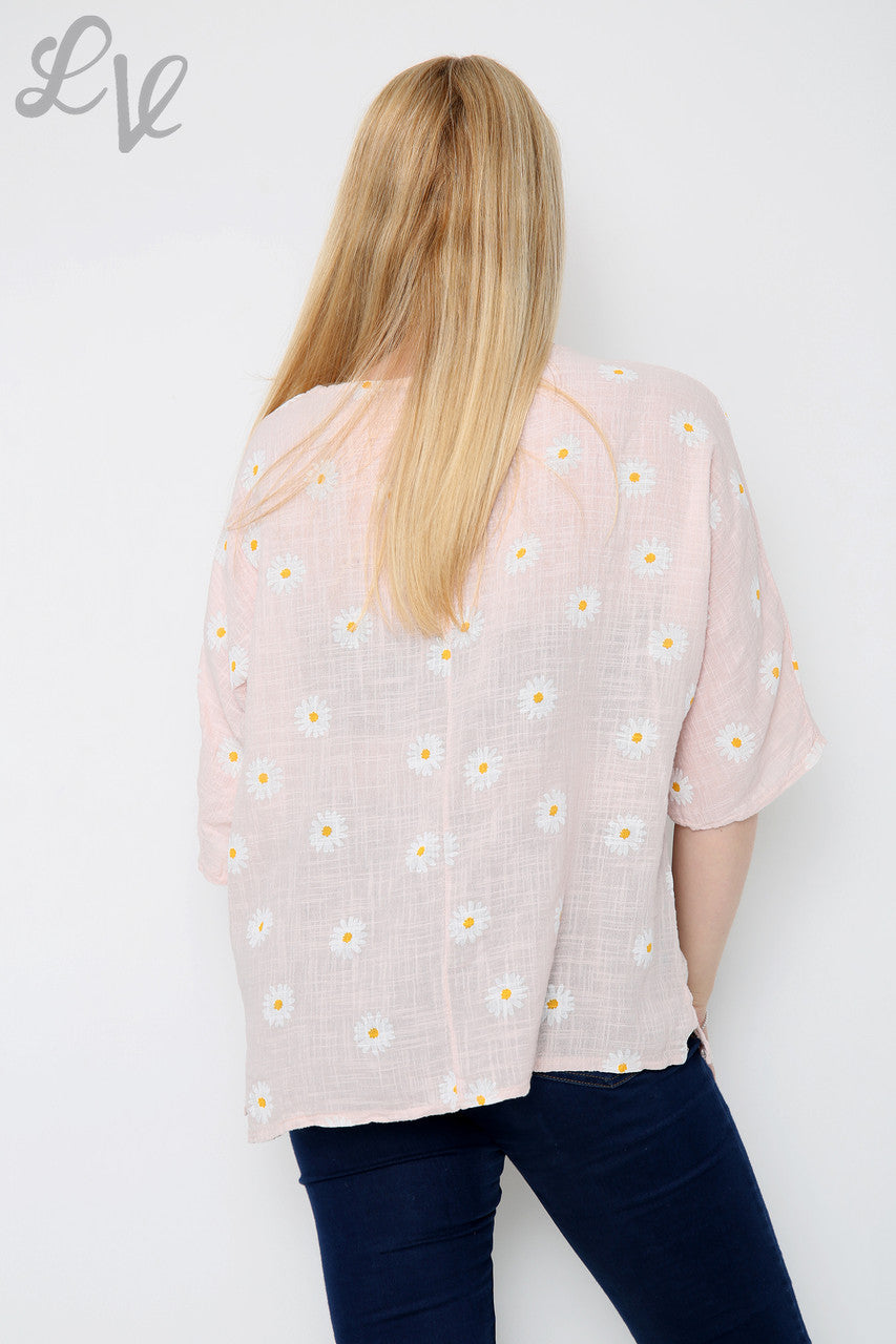 Dames top met ditsy madeliefjesprint en ketting, oudroze, stukprijs €8,99